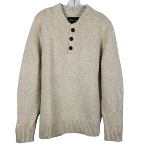 Eddie Bauer Mens Henley Wool Sweater Chunky Knit Heavy Size Medium Oatmeal Beige